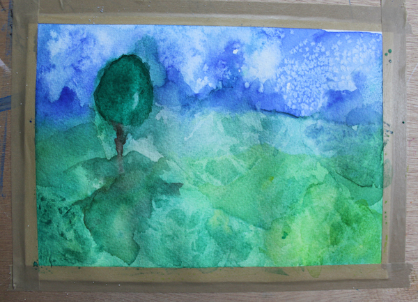 completed watercolor abstract landscape painting