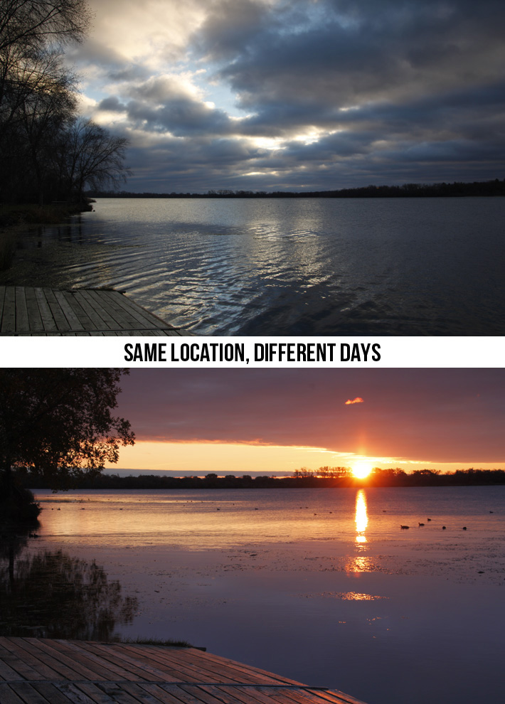 Comparison of two photographs of a lake at sunrise