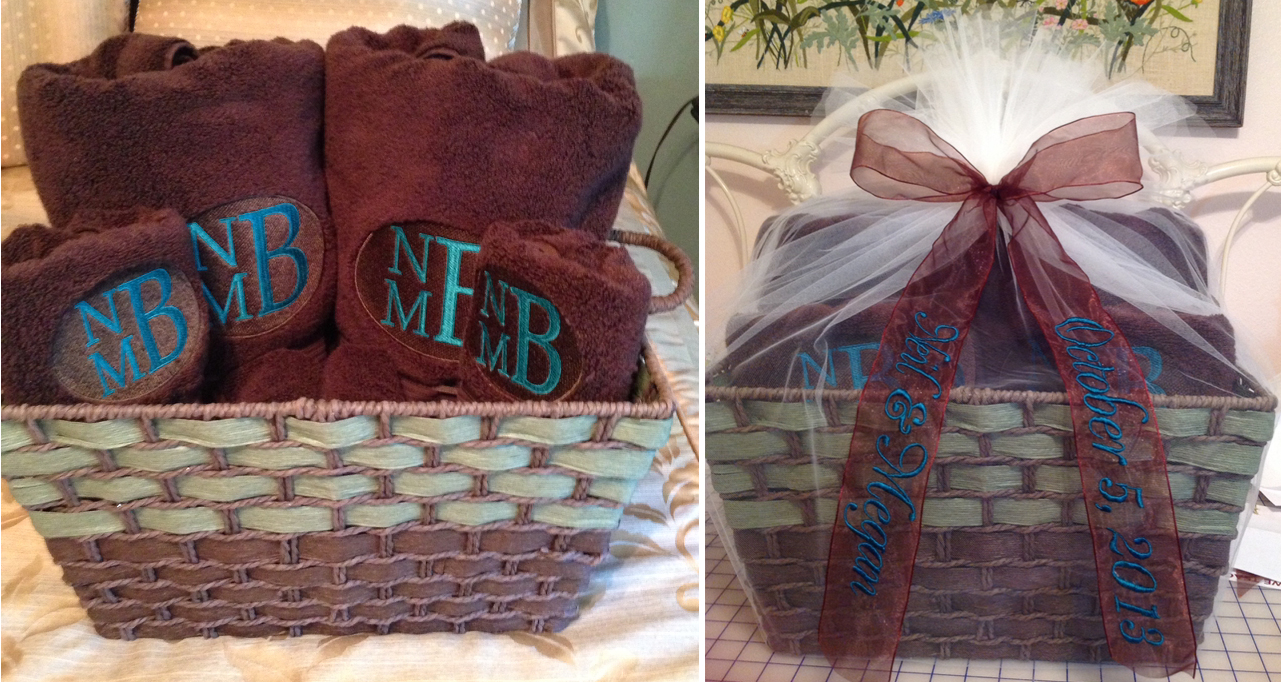 monogrammed towels and ribbon