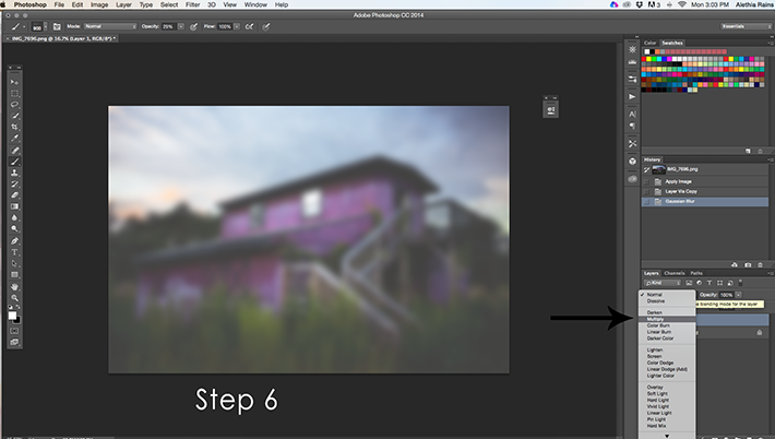 barn image in photoshop setting blurred image to multiply blending mode