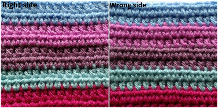 Right side and wrong side of half double crochet stitch with colorful stripes