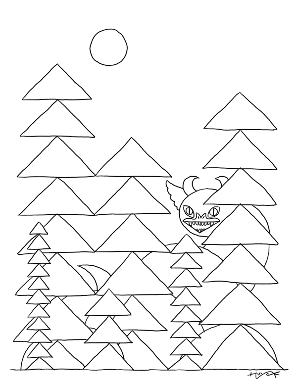 Simple drawing of a curvy dragon among triangular trees