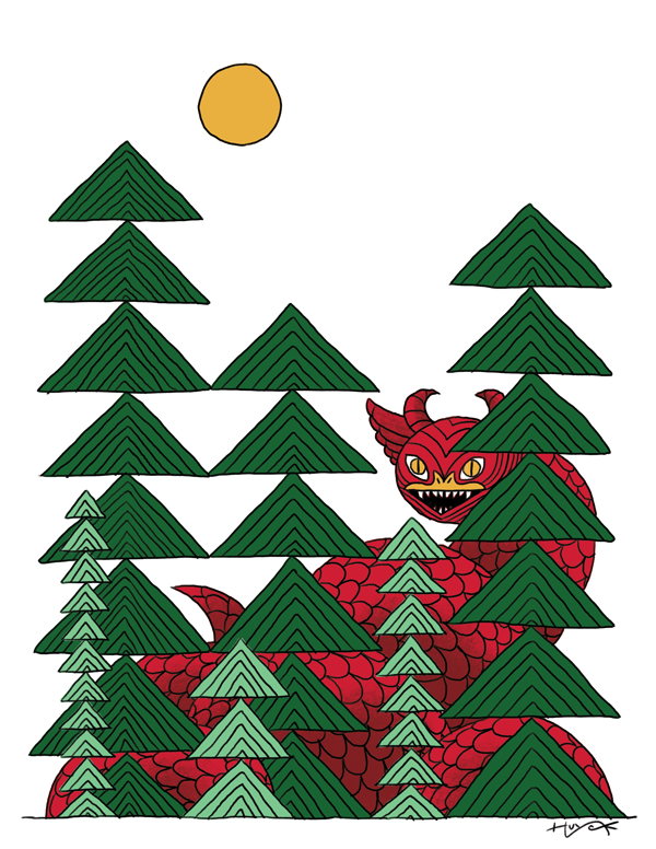 This version, with the dragon colored red against the green trees, has a lot of pop!