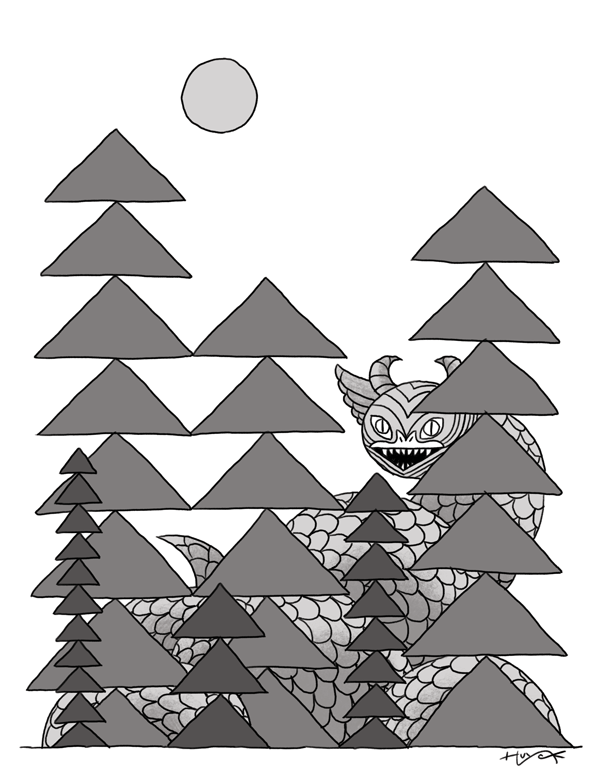 The difference between the shaded trees and dragon is amplified when the dragon scales are included