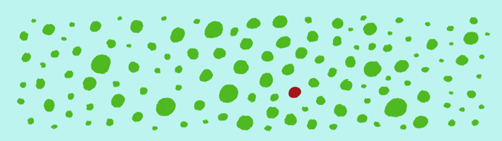 A red dot in a field of green dots is the focus of attention