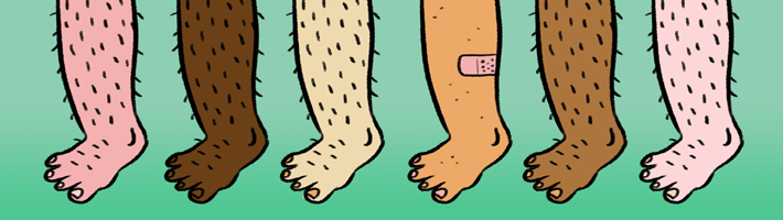 A shaved leg among hairy legs attracts the eye, despite a variety of colors