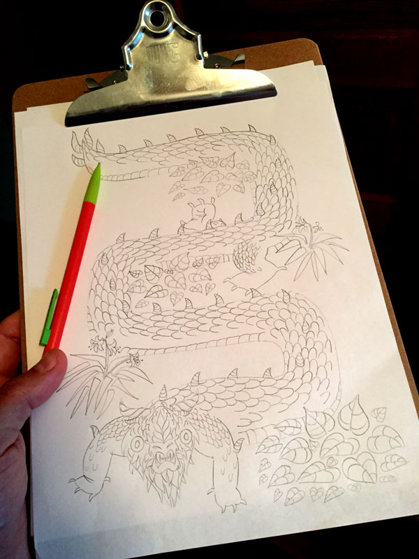 Garden dragon sketch, pencil on paper