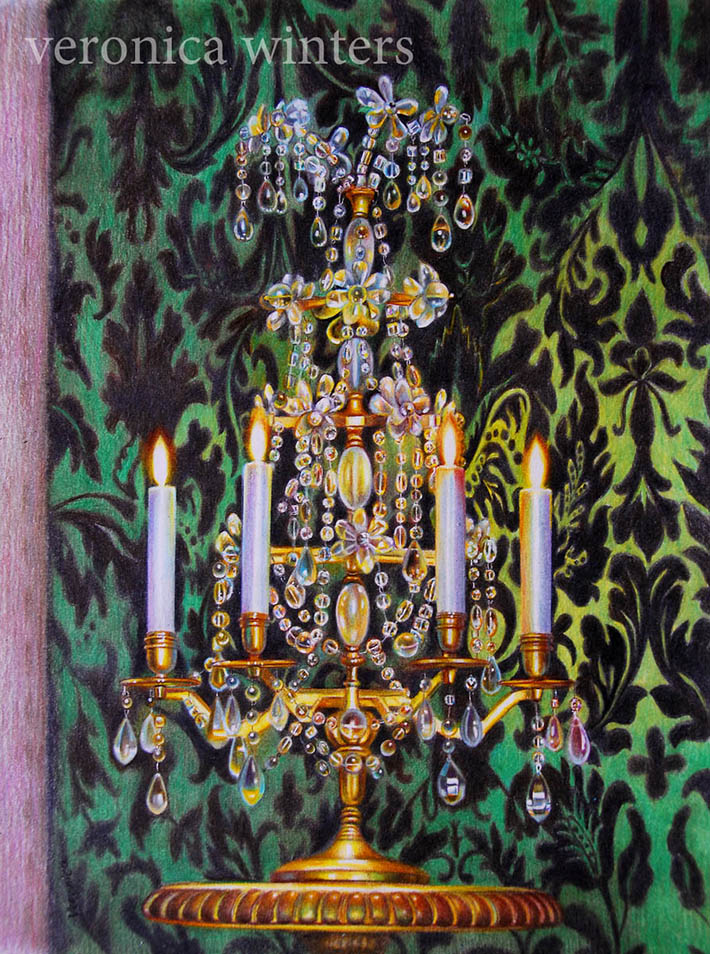 Crystal candleholder colored pencil drawing by Veronica Winters