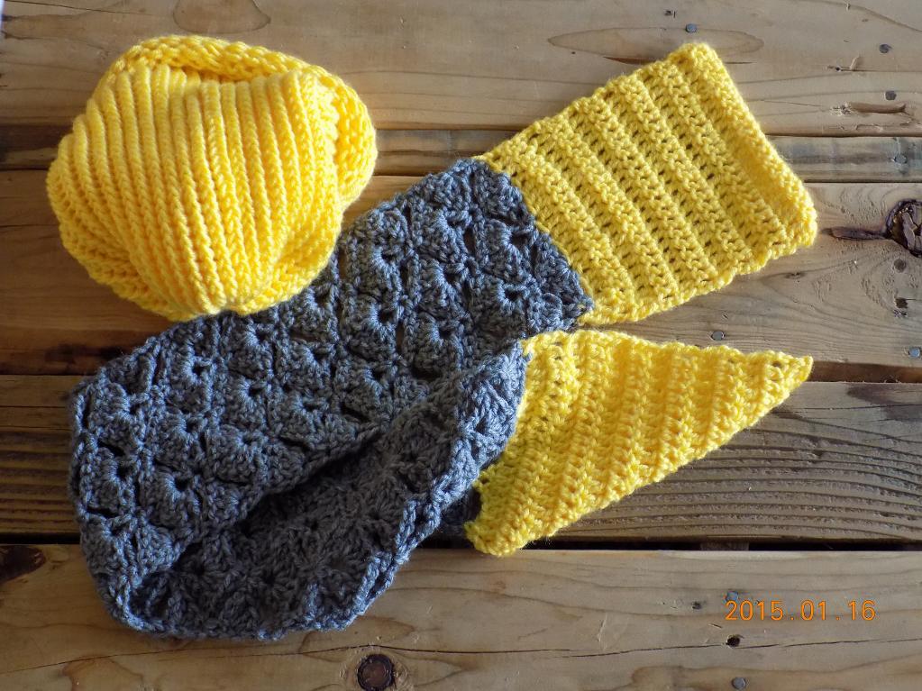 Gray and Yellow Crochet Hat and Scarf