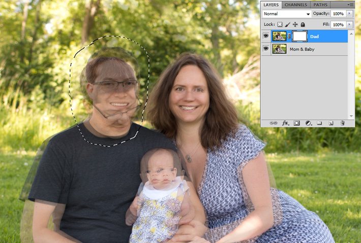 head swapping in process in Adobe Photoshop showing both heads at once