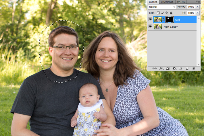 Alternate photograph in Photoshop with head selected for swapping
