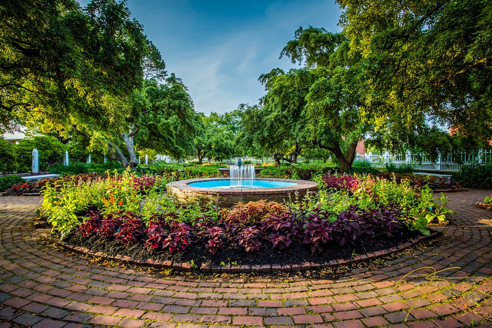 Wide angle view of the beautiful gardens in Prescott Park, Portsmouth, NH