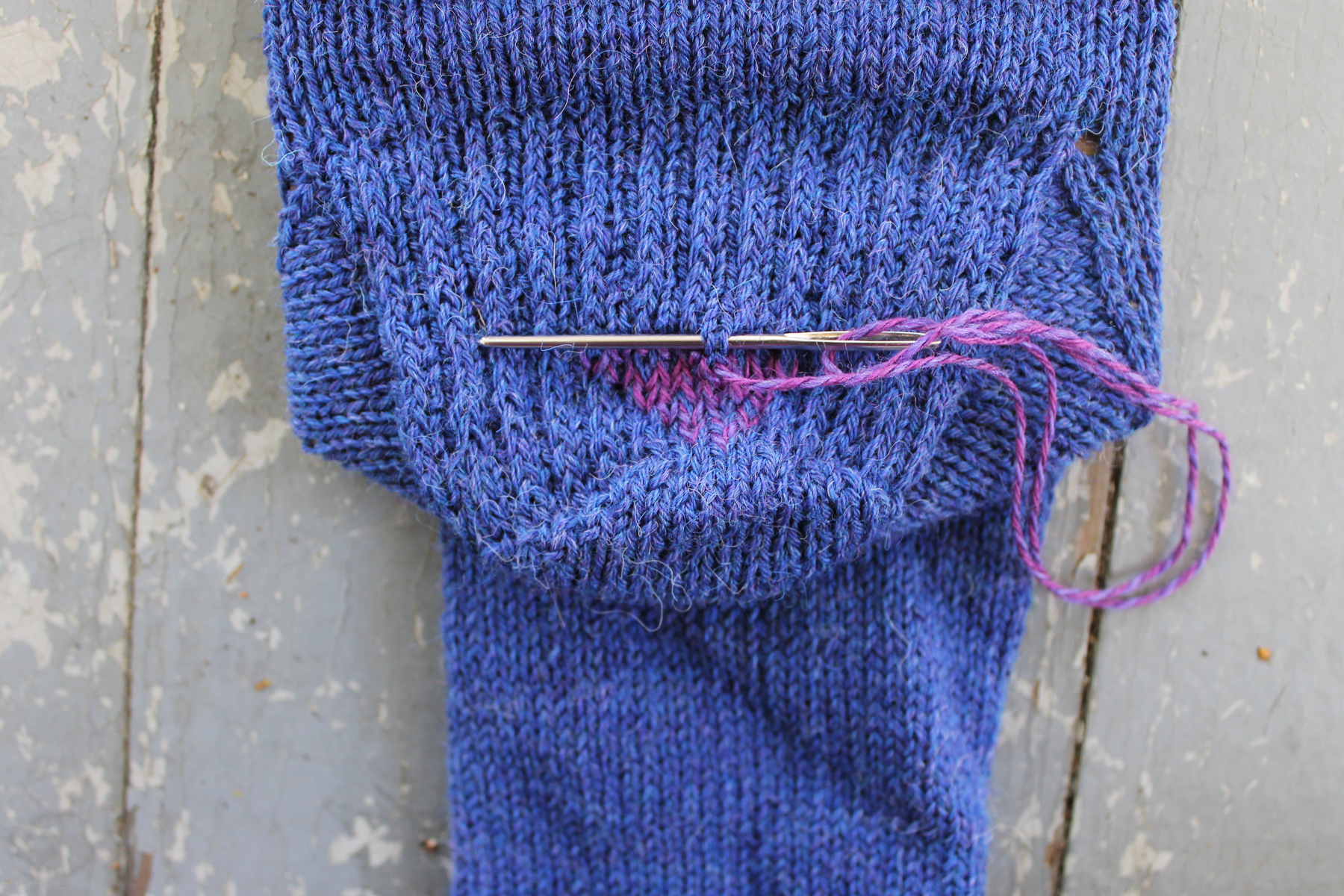 Sock heel duplicate stitch in progress