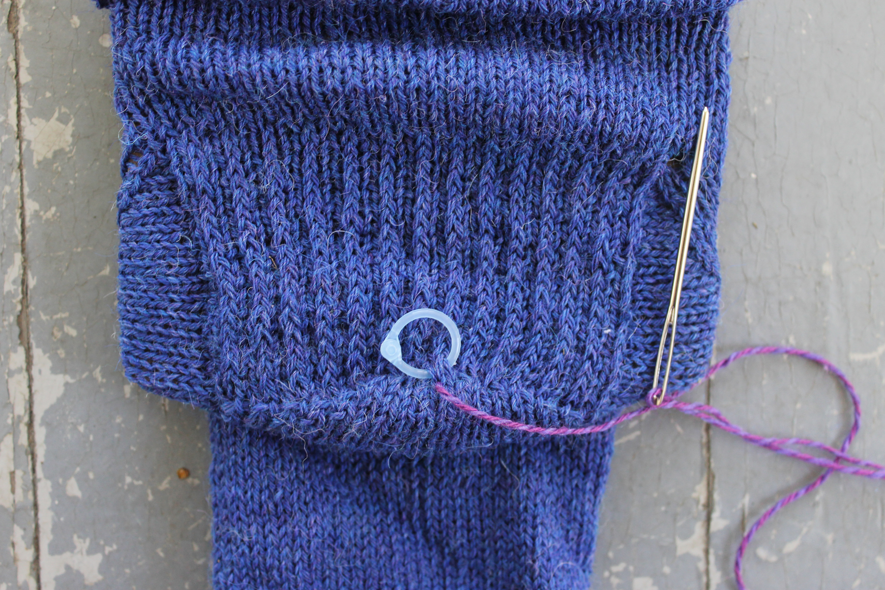 Starting duplicate stitch on a sock heel