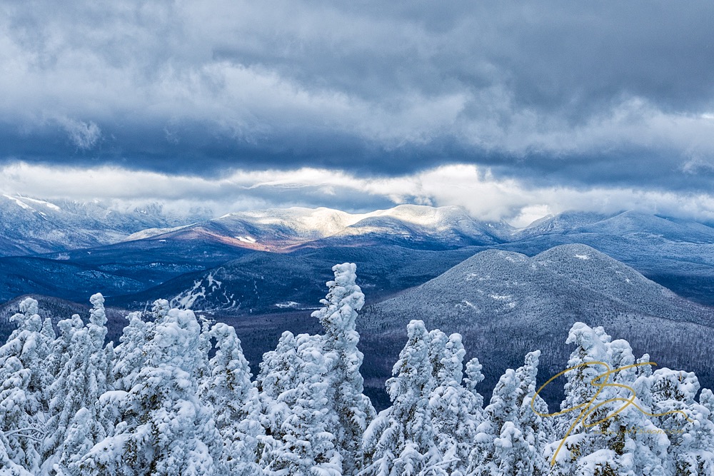 Snow-covered evergreens in the foreground and snow-capped peaks in the distance.