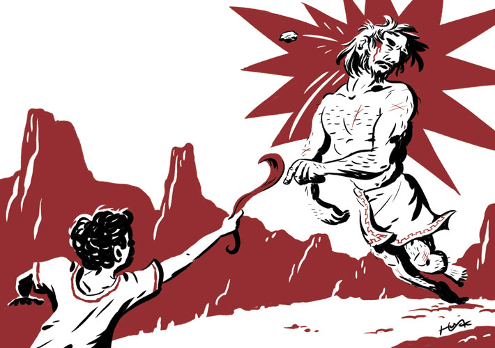 David vs. Goliath: A black and red ink drawing pushes contrast to an extreme to heighten drama