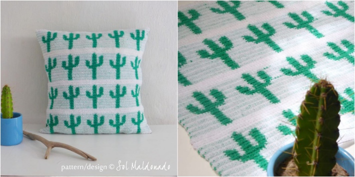 Tapestry crochet cushion pattern with cactus theme