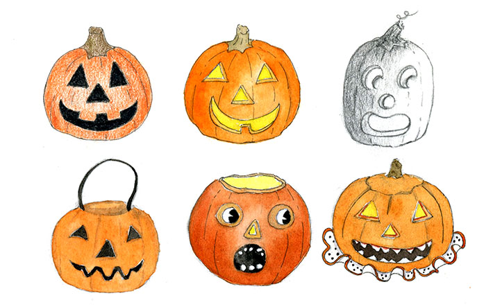 drawing many different jack o'lantern faces