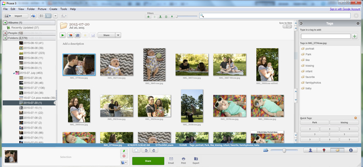 photo organization software Picasa showing organized, tagged photographs