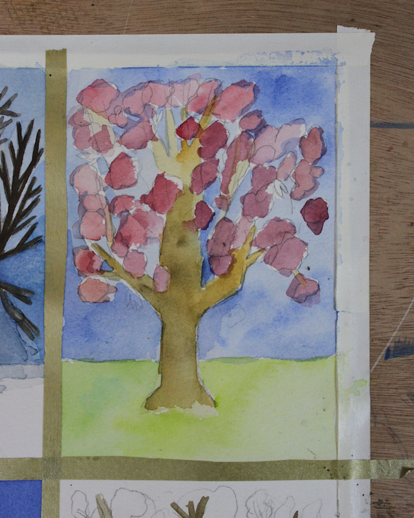 First layer of a painted tree in spring