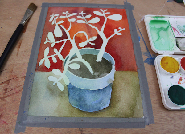Another wash in a negative painting, brightening up background and foreground.