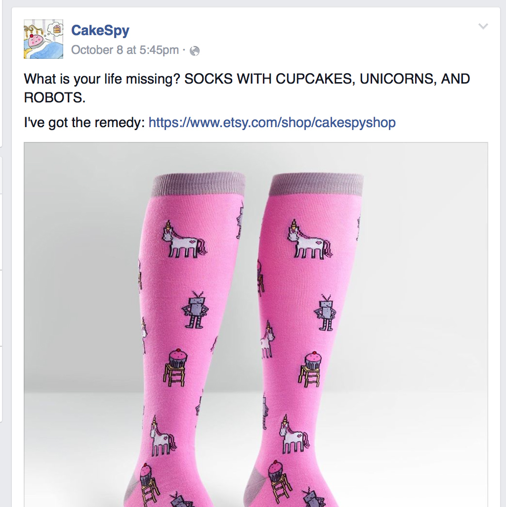 Facebook listing for socks with cupcakes, unicorns and robots