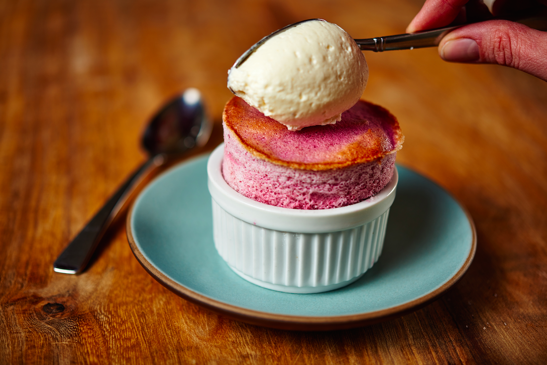 Raspberry Souffle topped with Cointreau cream