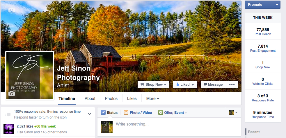 screenshot image of the Jeff Sinon Photography fan page cover image.