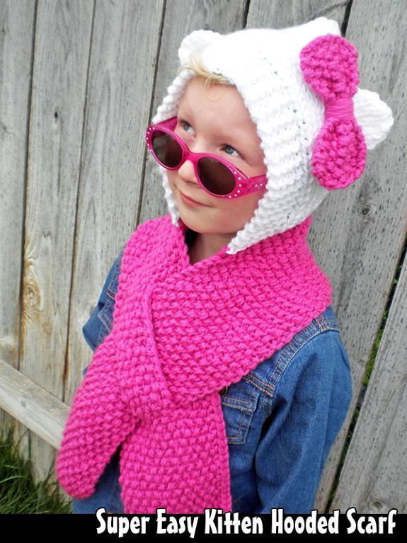 Super Easy Kitten Hooded Scarf Knitting Pattern