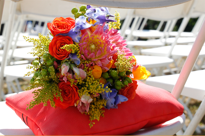 Detail shot of wedding bouquet at ceremony