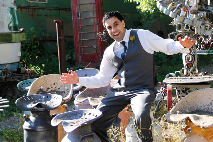 Wedding groomsman caught in a humorous moment