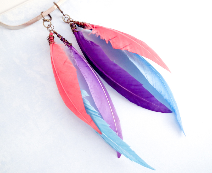 DIY Feather Earrings with Pink, Purple and Blue Feathers