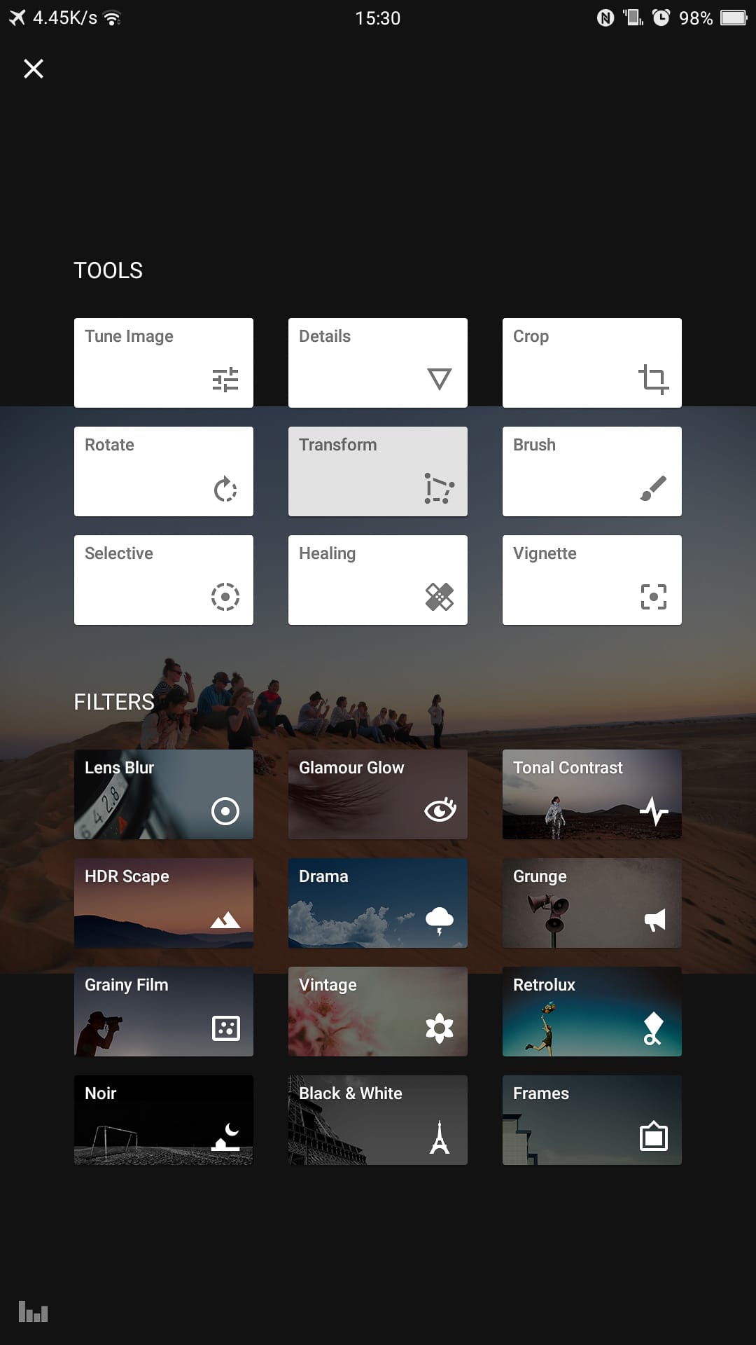 Snapseed main tool window options