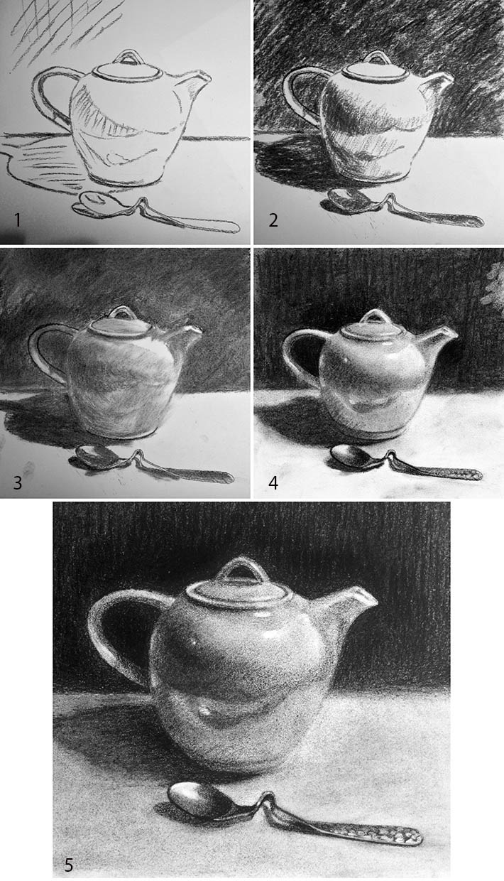 realist charcoal drawing in steps