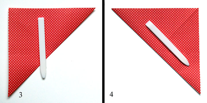 Steps 3 and 4: Fold into triangle, unfold, turn and fold again.