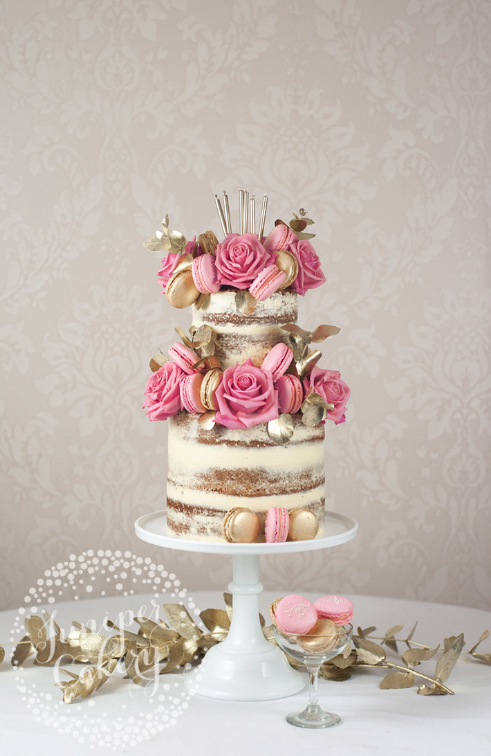 Pink and gold semi-naked cake by Juniper Cakery