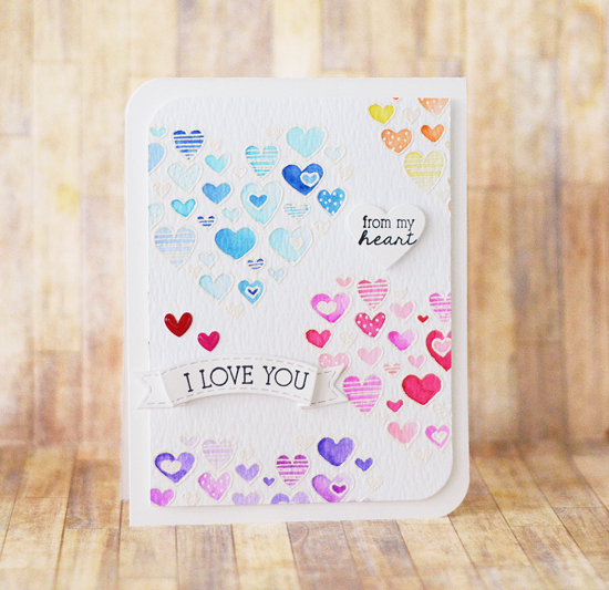 Watercolor Embossed Hearts Valentine Card