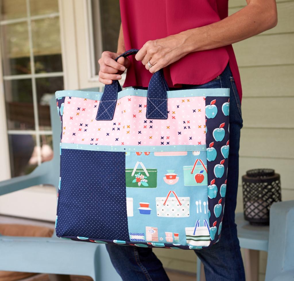 Green Bee Patterns Boxcar Tote in C+S Picnic fabric