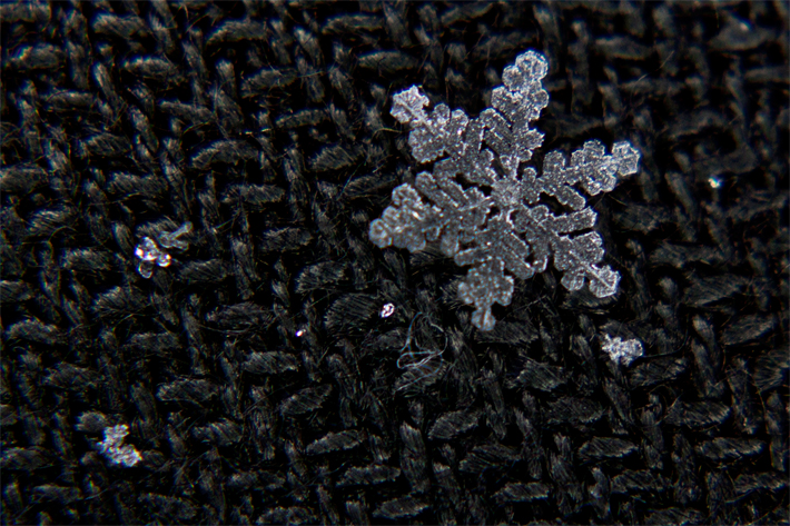 Macro photograph of a snowflake shot using close-up lenses