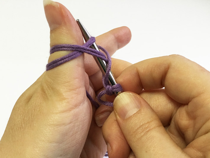 Channel Island Tutorial insert needle under yarn in thumb