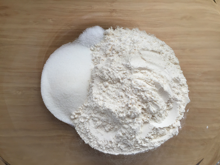 flour, sugar and salt in a mixing bowl