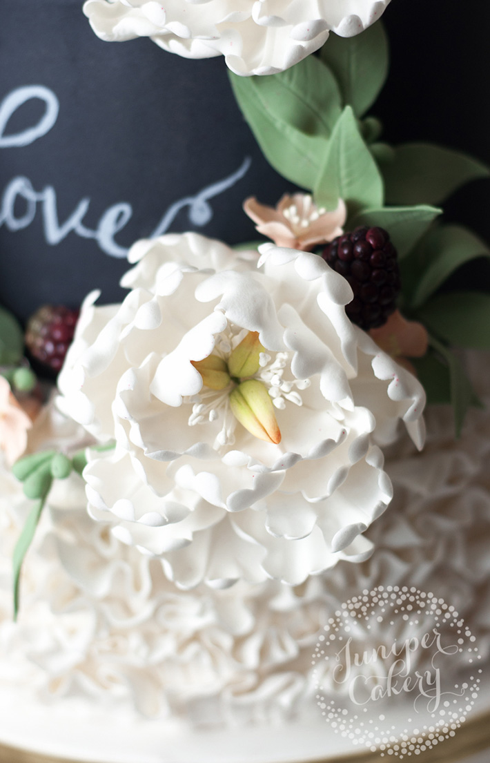 Sugar seeded eucalyptus with white peony flowers