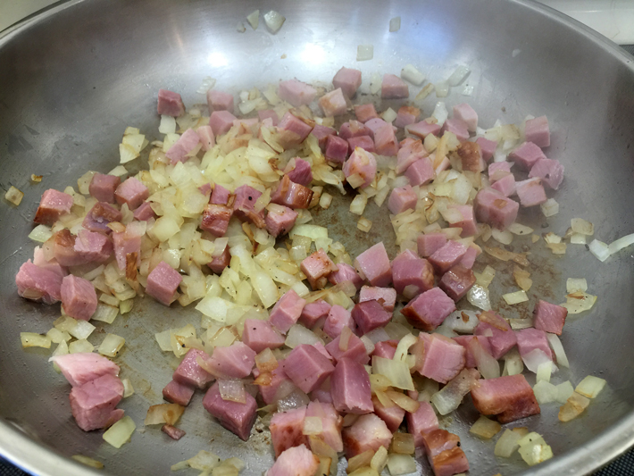 saute onions and add ham