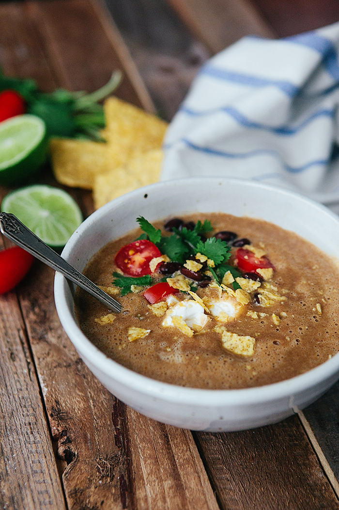 Chili Lime Black Bean Soup With Tortilla Chips, Tomatos and Sour Cream