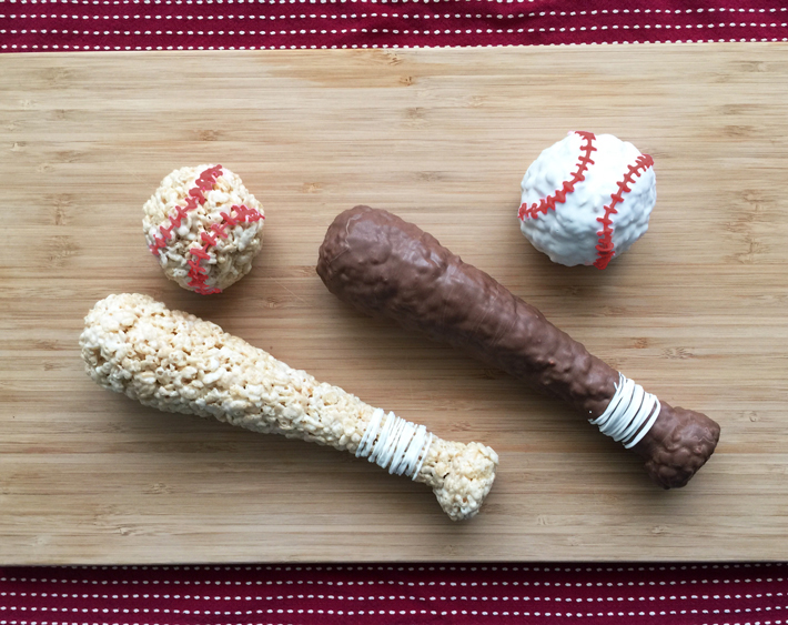 rice krispy treat and chocolate baseball bats
