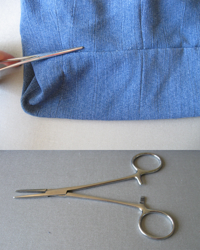 using hemostat to pull thread