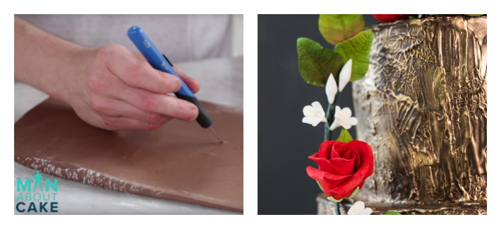 Carving modeling chocolate to make a tree trunk cake