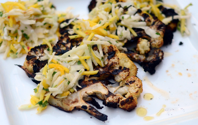 How to Make Grilled Cauliflower Steaks with Mango Jicama Slaw