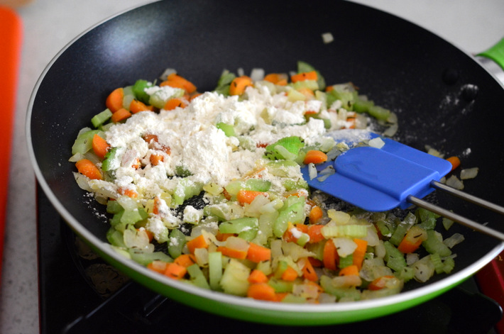 Cooking Mirepoix for Chicken Pot Pie 