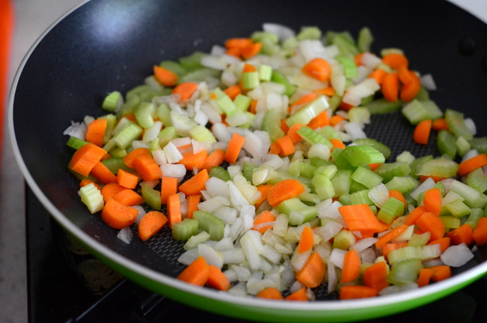 Cooking Mirepoix for Chicken Pot Pie 